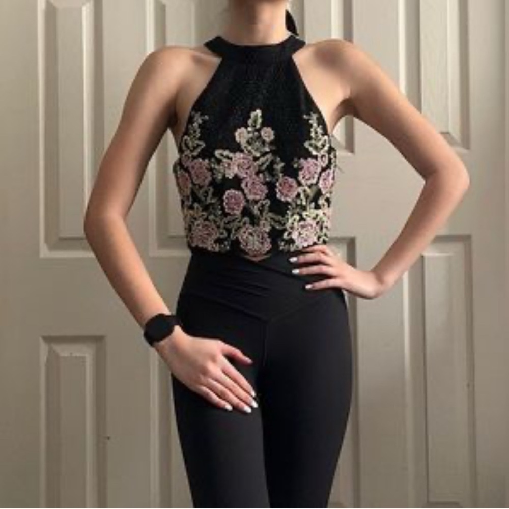 Jodi Kristopher 13 Black Beaded Sequins Halter Crop Top Pink Gold Floral SZ 7